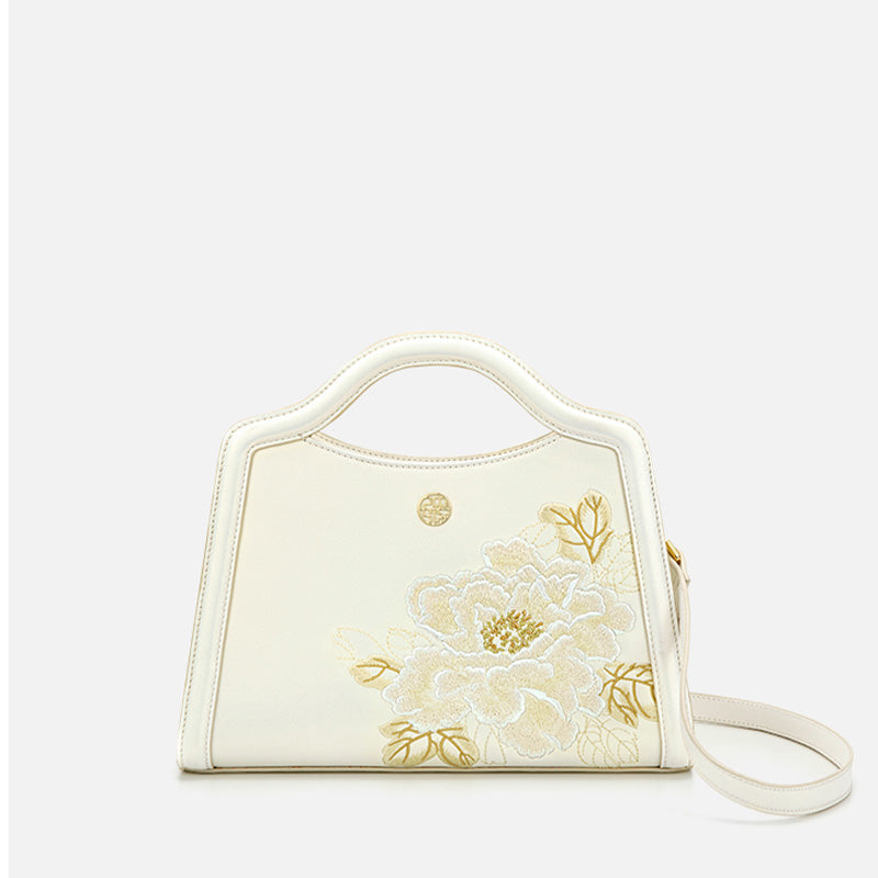 Embroidery Peony White Leather Tote Bag-Crossbody Bag-SinoCultural-White-Single Bag-P120432-SinoCultural
