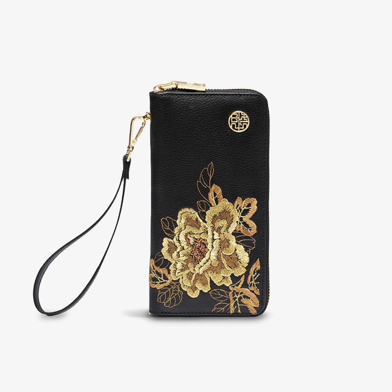 Embroidery Leather Wallet High Luxury Royal Gold Peony-Wallet-SinoCultural-Black-Single Bag-P410058-SinoCultural