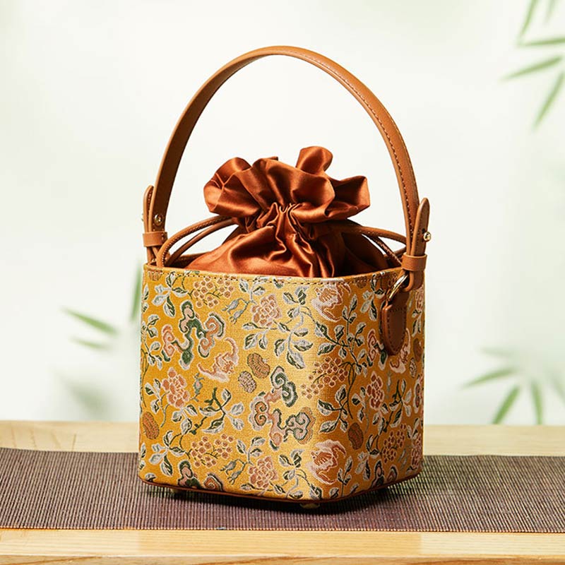 Brocade Jacquard New Chinese Style Cube Bucket Bag-Bucket Bag-SinoCultural-SinoCultural