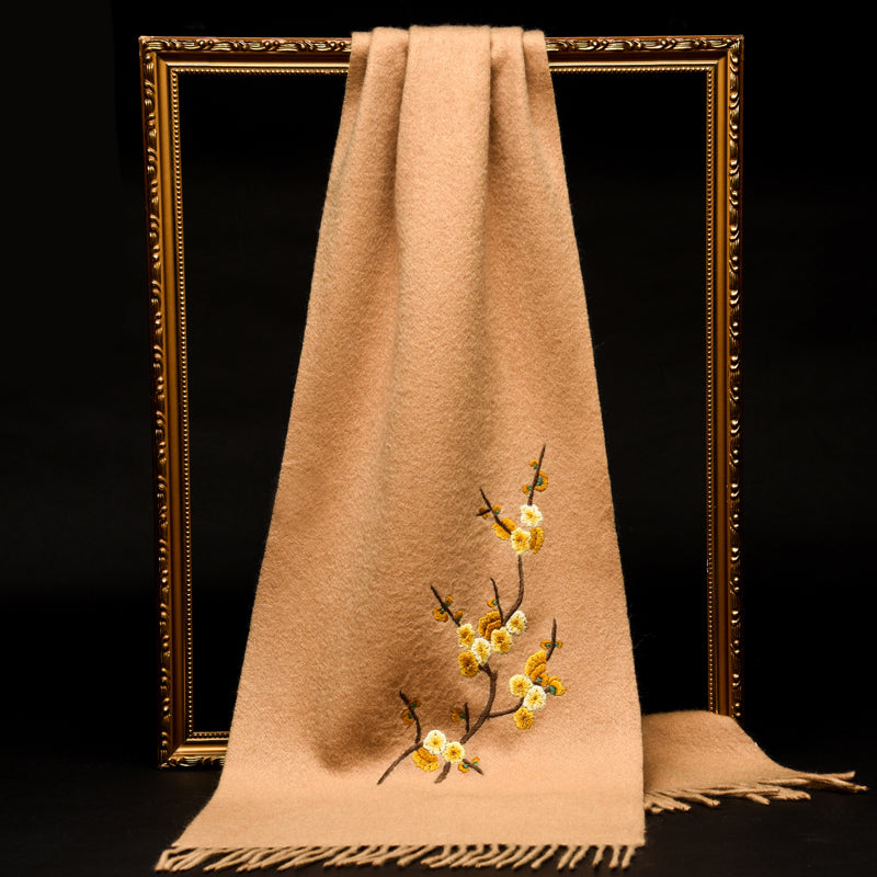 Su Embroidery Winter Plum Blossoms Cashmere Scarf 200*60-Scarf-SinoCultural-Brown-HYFSJ017-3-SinoCultural