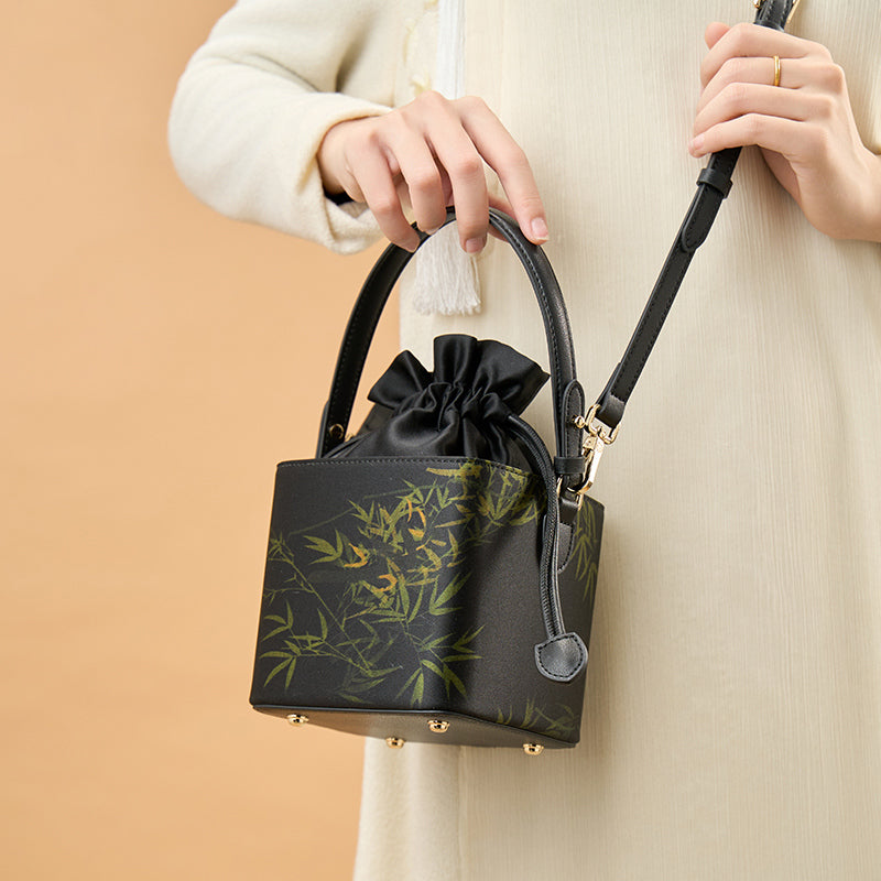 Xiangyunsha Silk Black Bamboo Print Mini Cube Bucket Bag