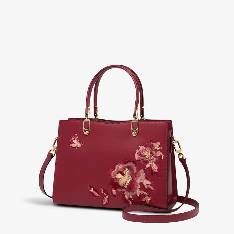 Embroidery Leather Tote Handbag Prosperous Peony-Tote Bag-SinoCultural-Red-Single Bag-SC1605-S2-SinoCultural