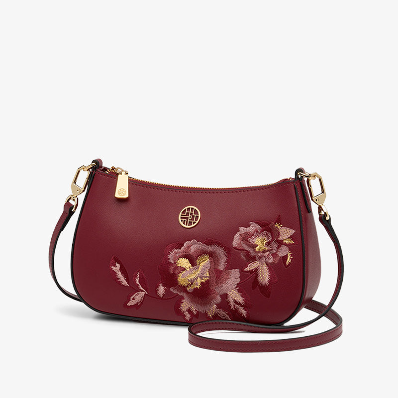 Embroidery Leather Peony Single Shoulder Hobo Bag-Shoulder Bag-SinoCultural-Red-Single Bag-SC1606-T1-g-SinoCultural