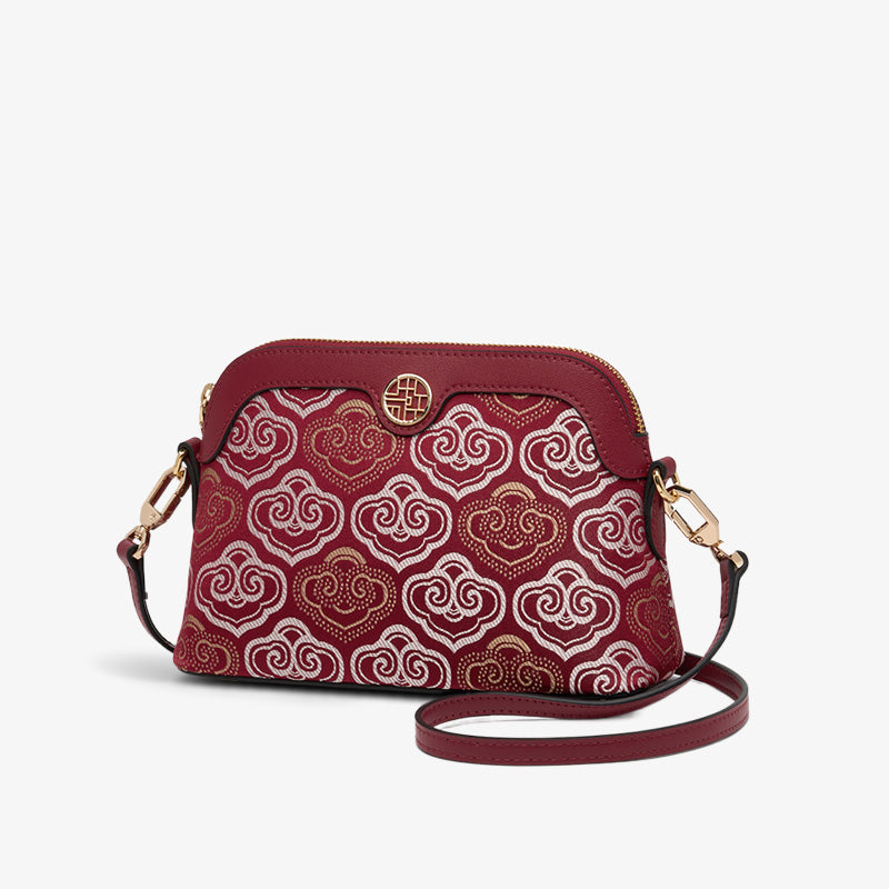 Embroidery Leather Shoulder Shell Bag Auspicious Clouds-Shoulder Bag-SinoCultural-Red-Single Bag-SC1605-Q2-SinoCultural