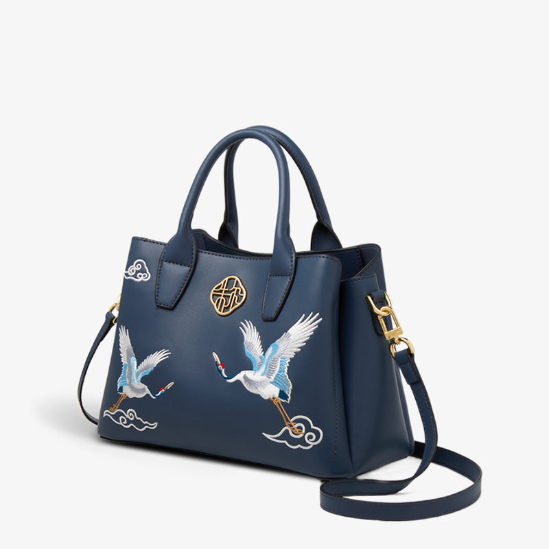 Embroidery Leather Tote Bag Traditional Crane-Tote Bag-SinoCultural-Blue-Single Bag-DY001-A2-SinoCultural