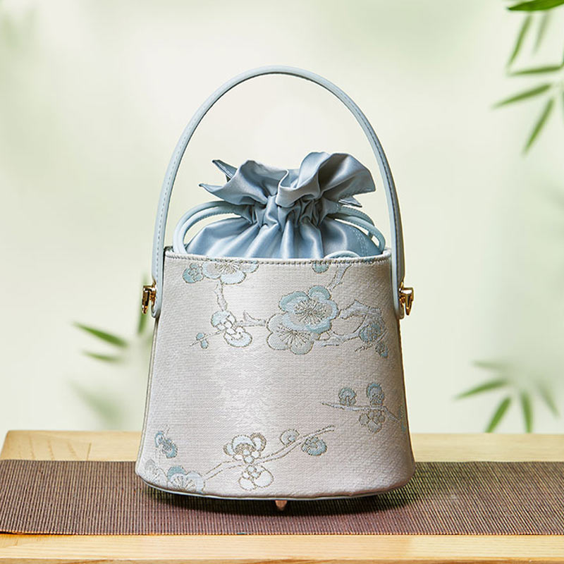 Brocade Jacquard Leather Drawstring Bucket Bag-Bucket Bag-SinoCultural-Blue-Single Bag-P17061804-3-SinoCultural