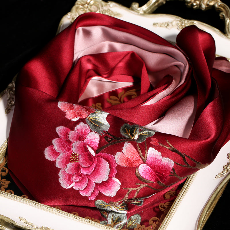 Su Embroidery Mulberry Silk Flora Scarves 170*52-Scarf-SinoCultural-Red-HYFSJ006-2-SinoCultural