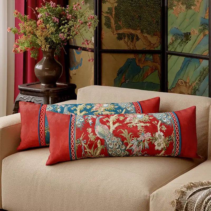 Chinoiserie Original Luxurious Peacock Long Lumbar Pillow - SinoCultural