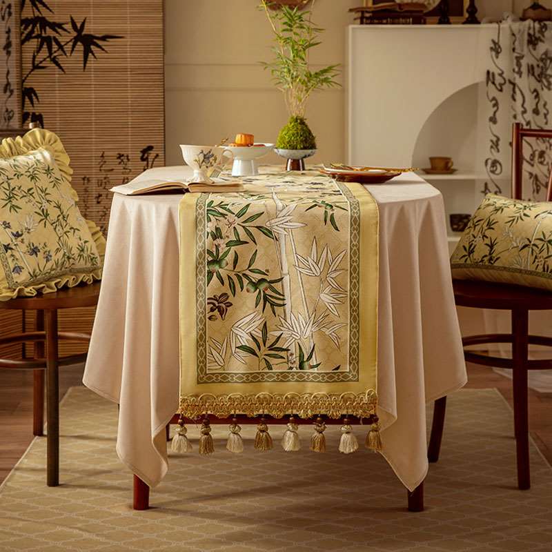 Chinoiserie Traditional Autumn Orchids Yellow Table Runner - SinoCultural