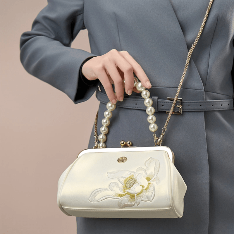 Embroidery Leather Kiss Lock Clutch Bag Lotus Evening Handbag - SinoCultural