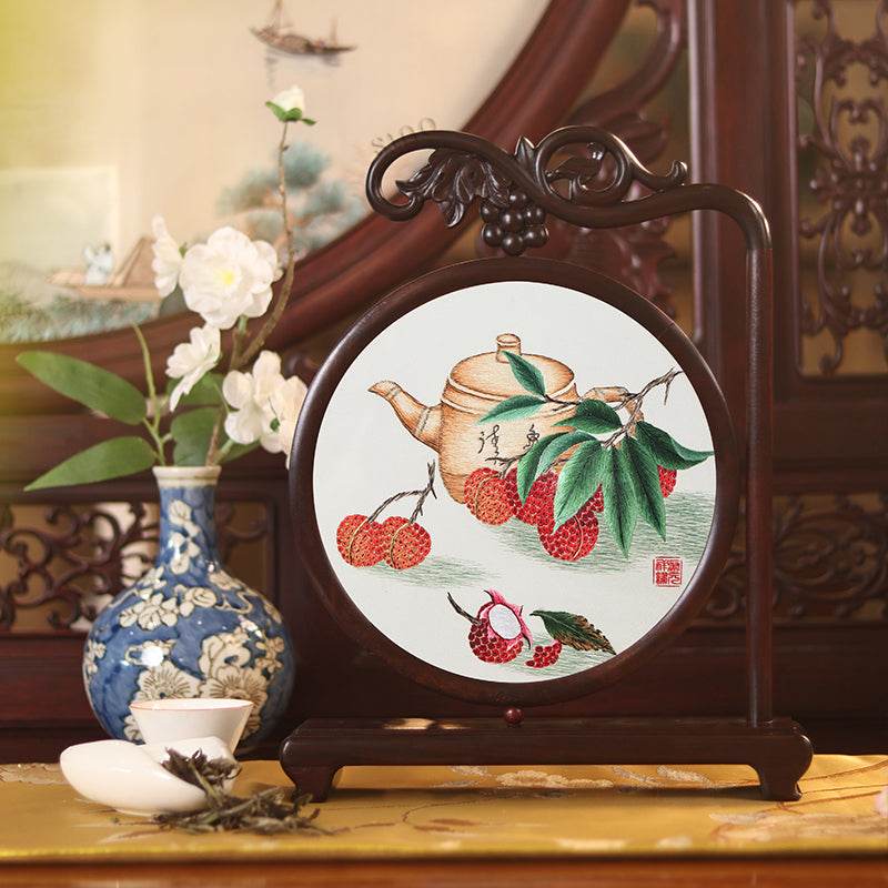 Handcrafted Mulberry Silk Lychee Double-Sided Embroidery Tabletop Deco
