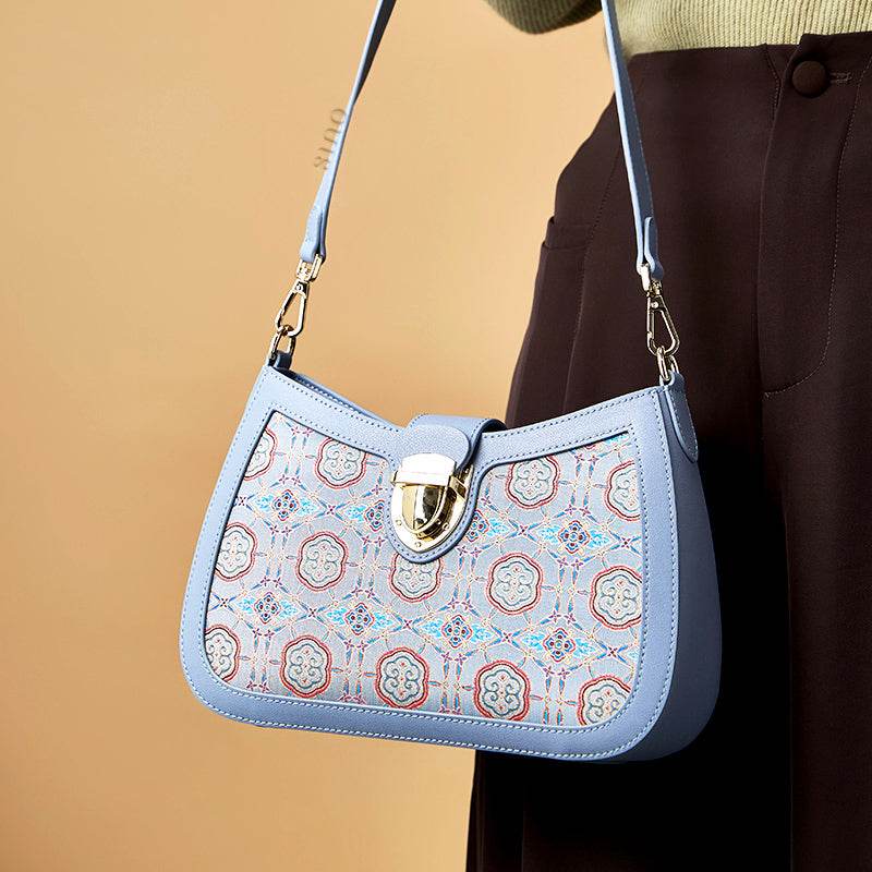 Song Brocade Leather Blue Shoulder Bag Ruyi Pattern - SinoCultural -- FJ270038-1 - 