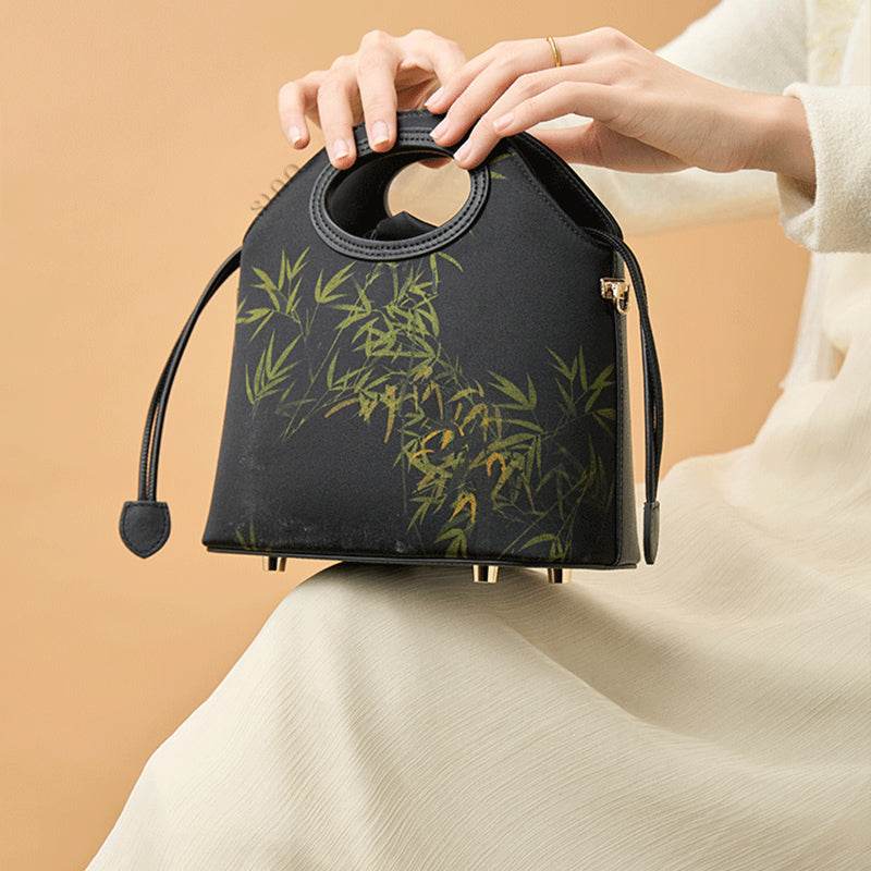 Xiangyunsha Silk Bamboo Black Drawstring Bucket Bag - SinoCultural -- YS120670-1 - 