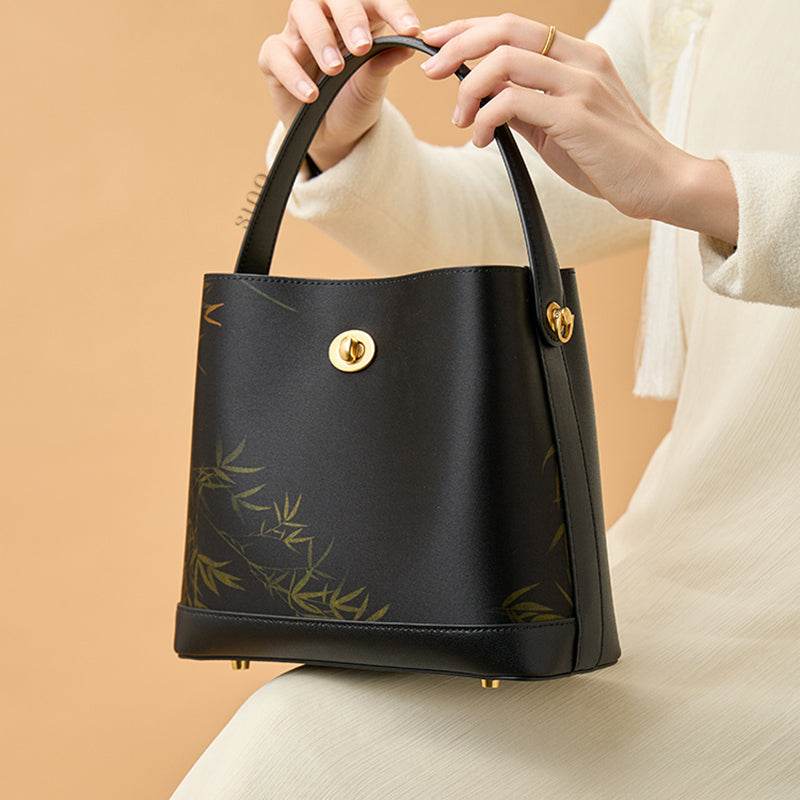 Xiangyunsha Silk Bamboo Print Crossbody Bucket Bag - SinoCultural -- YS120757 - 