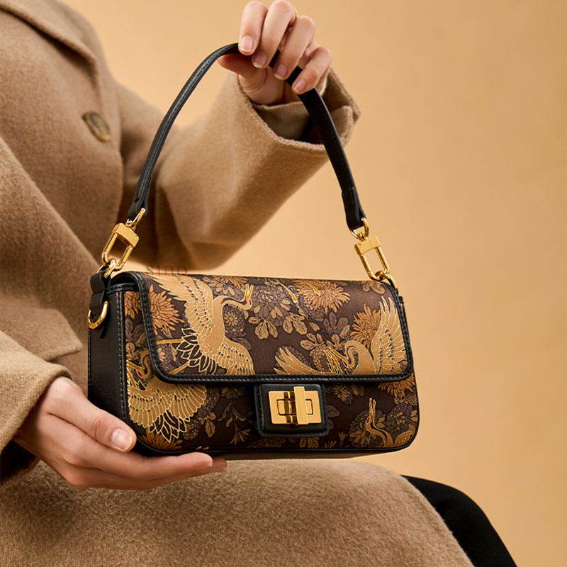 Xiangyunsha Silk Vintage Crane Print Shoulder Bag - SinoCultural -- YS120648 - 