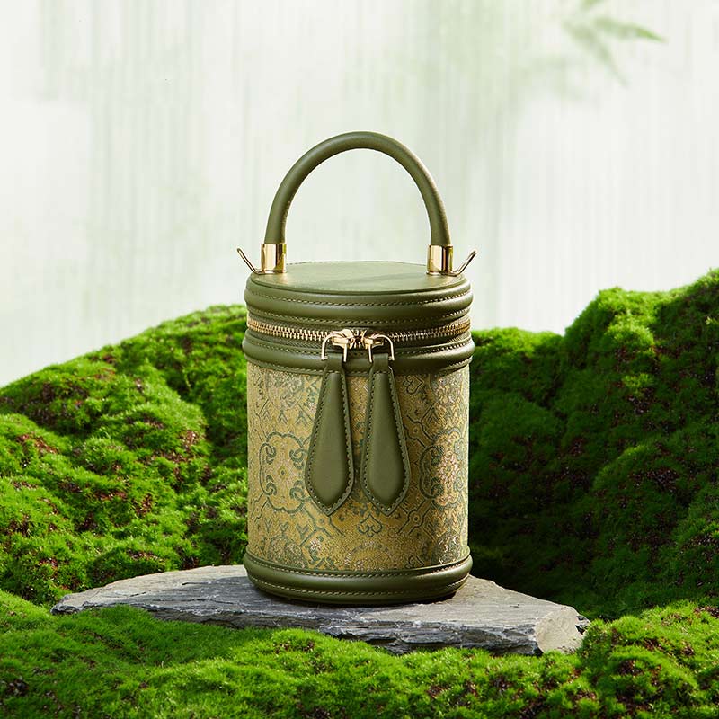 Song Brocade Leather Bucket Cylinder Bag-Bucket Bag-SinoCultural-Green-Single Bag-P11017902G-SinoCultural