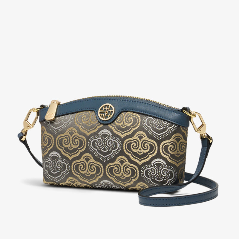 Embroidery Leather Clutch Bag Auspicious Clouds-Shoulder Bag-SinoCultural-Blue-Single Bag-SC1599-G4-SinoCultural