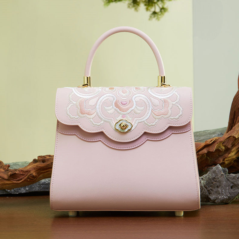 Embroidery Leather Ladies Handbag Treasure Floral-Crossbody Bag-SinoCultural-Pink-Single Bag-P120657-1-SinoCultural