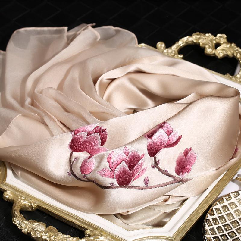 Su Embroidery Spring Flower Mulberry Silk Scarf 155*35-Scarf-SinoCultural-Pink-HYFSJ007-2-SinoCultural
