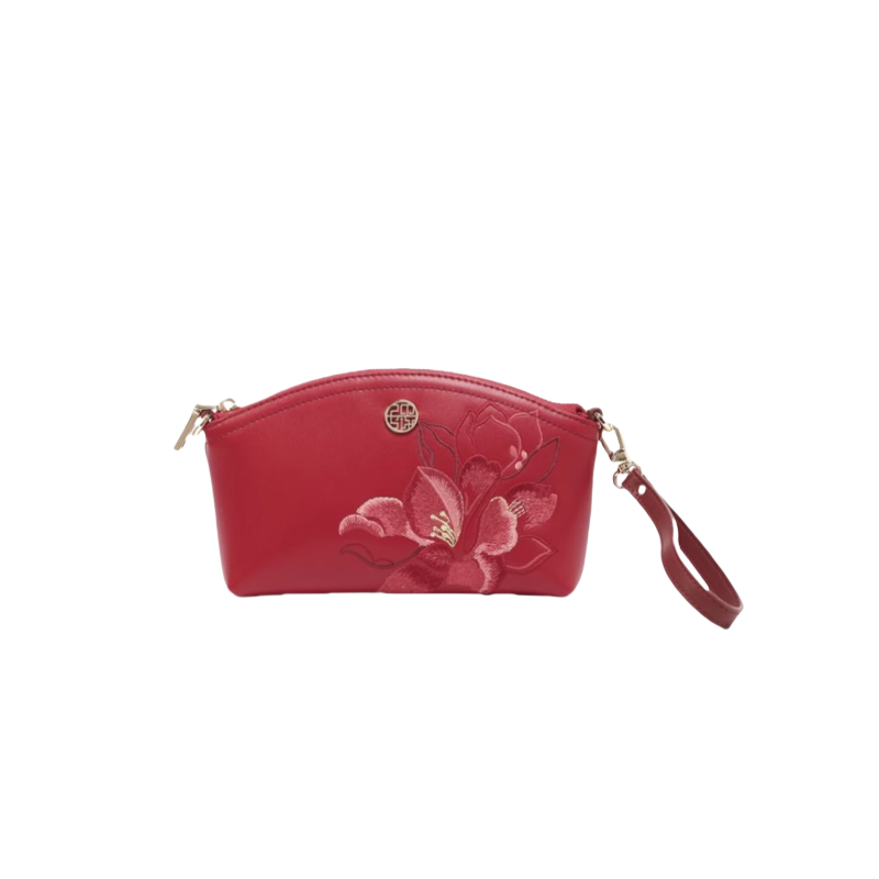 Embroidery Leather Red Magnolia Women‘s Handbag Wallet