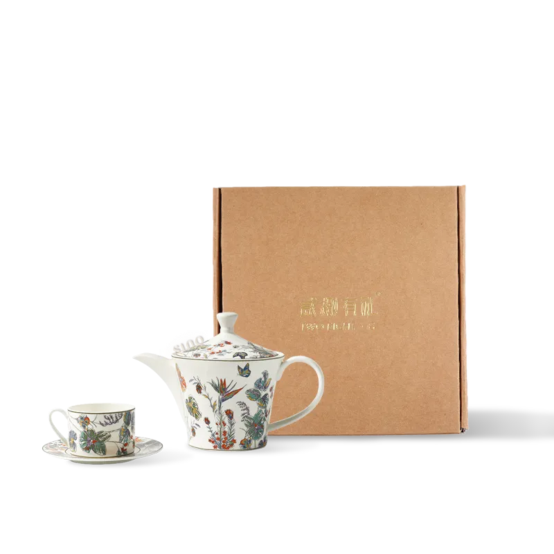 3-Piece Chinoiserie Bone China Coffee Pot Set – Butterfly & Floral Motif with Gift Box.