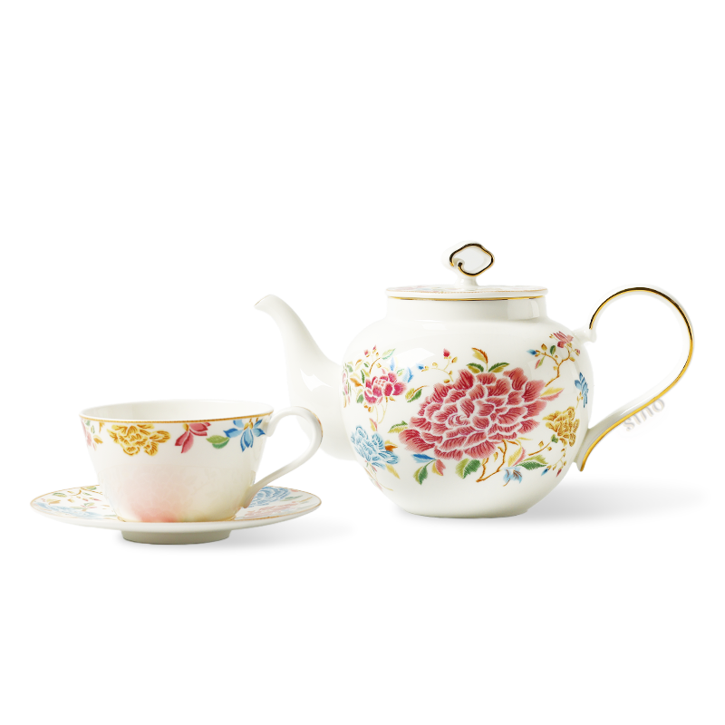 Three-piece floral bone china tea set with teapot and cup.
