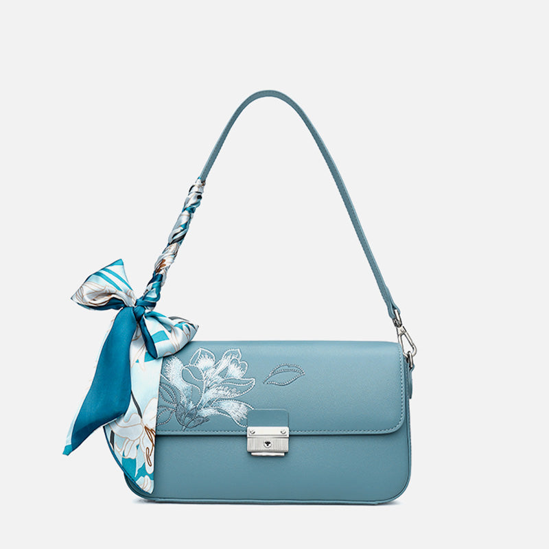 Embroidery Magnolia Leather Shoulder Bag-Shoulder Bag-SinoCultural-Blue-Single Bag-P220207-SinoCultural