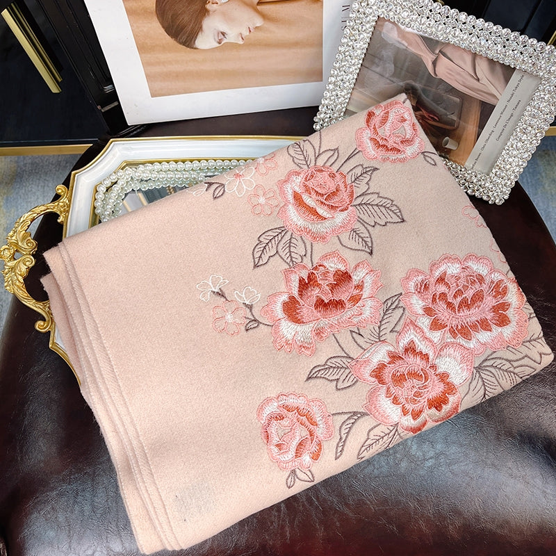 Embroidery Pink Lotus Winter Cashmere Scarf 200*60-Scarf-SinoCultural-Pink-HYFSJ038A04-SinoCultural