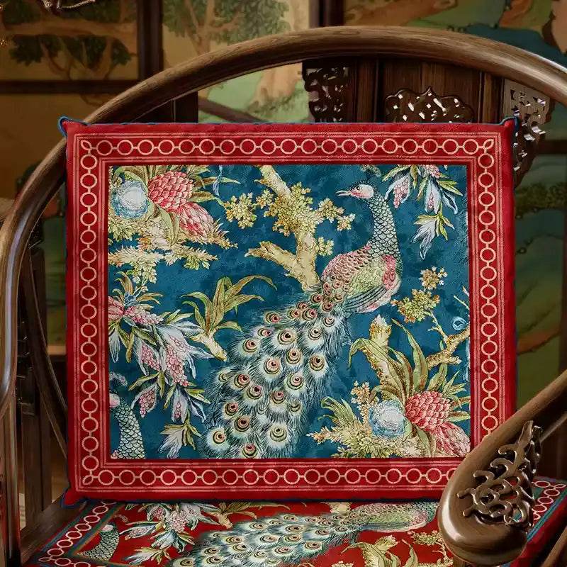 Chinoiserie Festive Red Peacock Wood Chair Cushion - SinoCultural -- SC050A38 - 