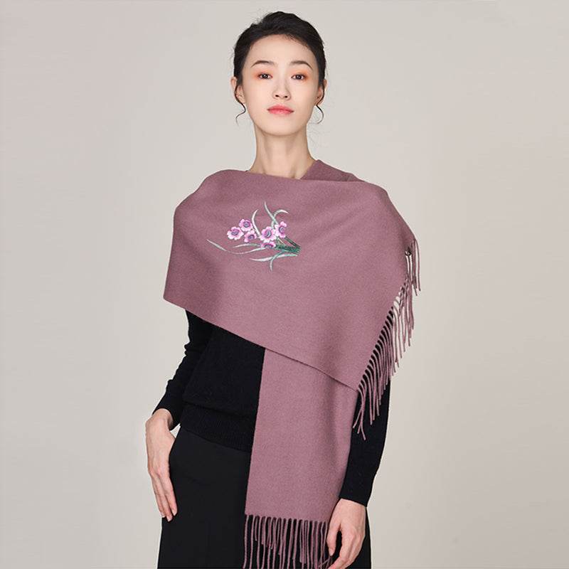 Handmade Suzhou Embroidery Wool Cashmere Scarf with Narcissus Flower 200x38cm - SinoCultural