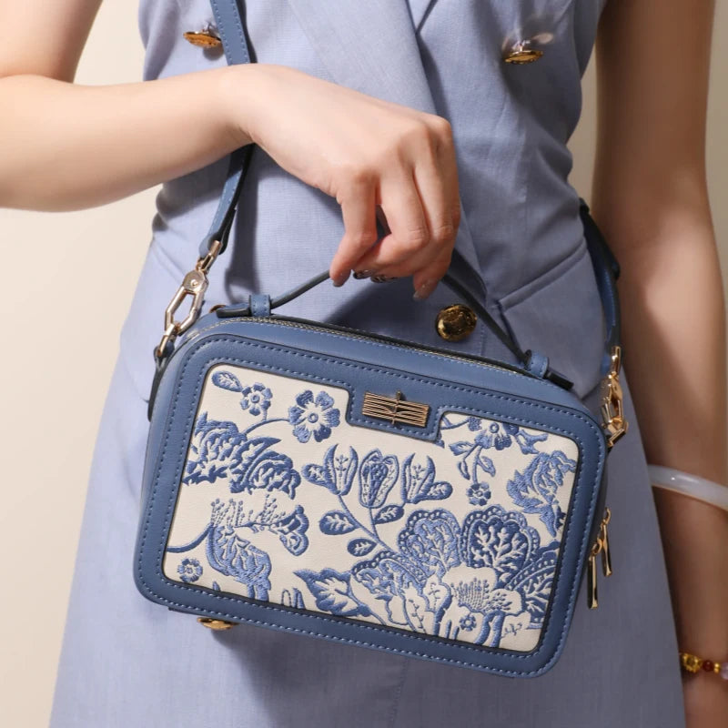 Embroidery Leather Peony Square Shoulder Bag-CXXB046R-SinoCultural