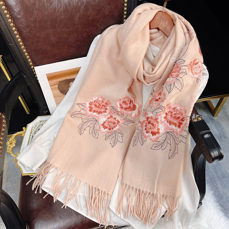 Embroidery Pink Lotus Winter Cashmere Scarf 200*60-Scarf-SinoCultural-Pink-HYFSJ038A04-SinoCultural