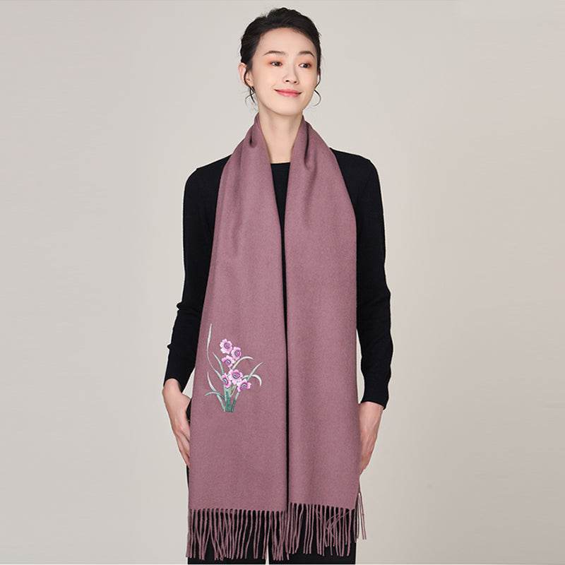 Handmade Suzhou Embroidery Wool Cashmere Scarf with Narcissus Flower 200x38cm - SinoCultural