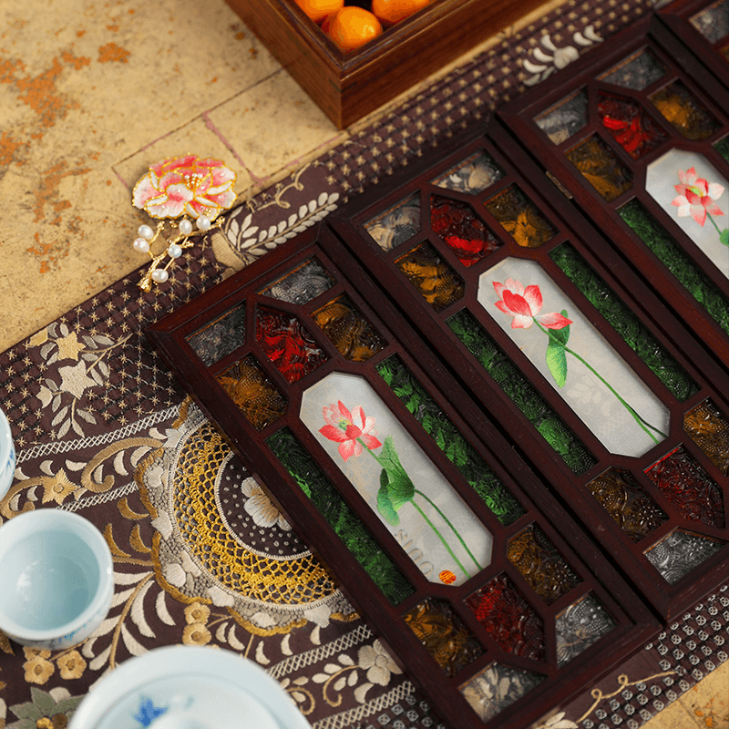Handcrafted Embroidery Lotus Blossom Cantonese Mansion Window Ornament - SinoCultural -- BXL06WCS174A03 - 