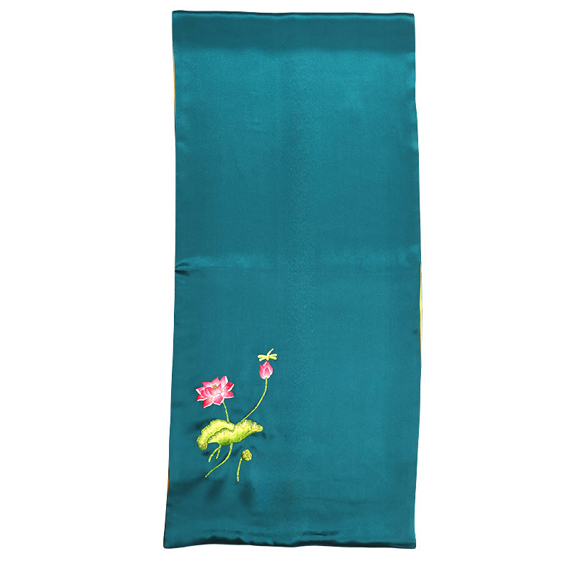 Cantonese Embroidery Handmade Lotus Mulberry Silk Scarf 155*35-BLSJ001A21-SinoCultural