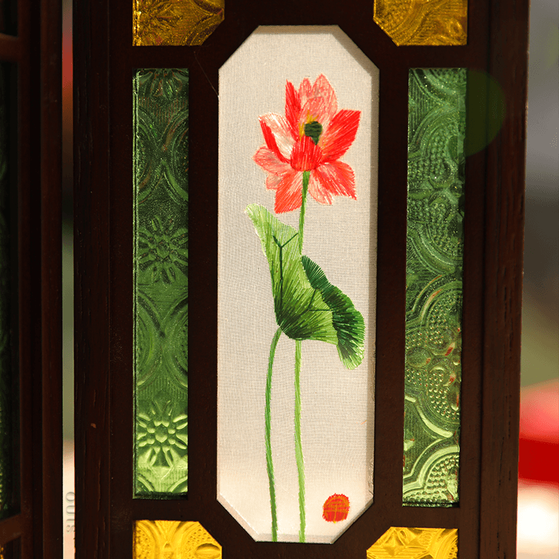 Handcrafted Embroidery Lotus Blossom Cantonese Mansion Window Ornament - SinoCultural -- BXL06WCS174A03 - 