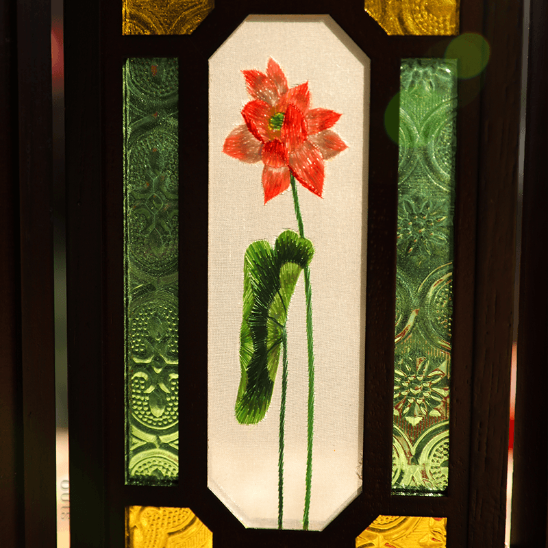 Handcrafted Embroidery Lotus Blossom Cantonese Mansion Window Ornament - SinoCultural -- BXL06WCS174A03 - 
