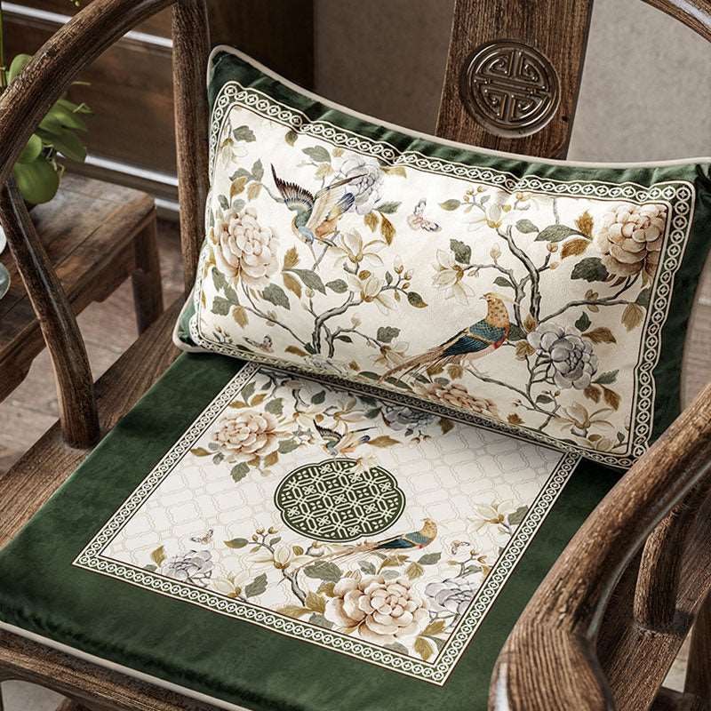 Chinoiserie Warm Spring Dark Green Flower and Birds Lumbar Pillow