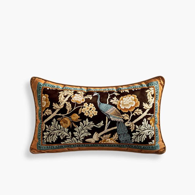 Chinoiserie Vintage Luxury Peacock Pattern Lumbar Pillow - SinoCultural -- WP023A01 - 