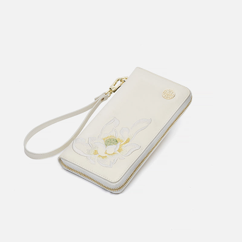 Embroidery Leather Wallet White Lotus-Wallet-SinoCultural-SinoCultural