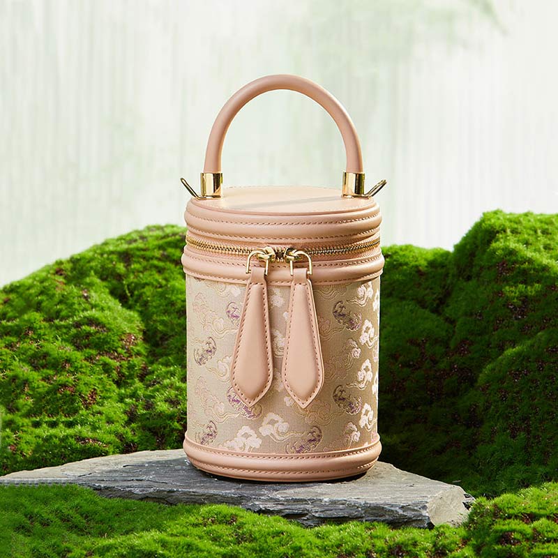 Song Brocade Leather Bucket Cylinder Bag-Bucket Bag-SinoCultural-Pink-Single Bag-P11017902BG-SinoCultural
