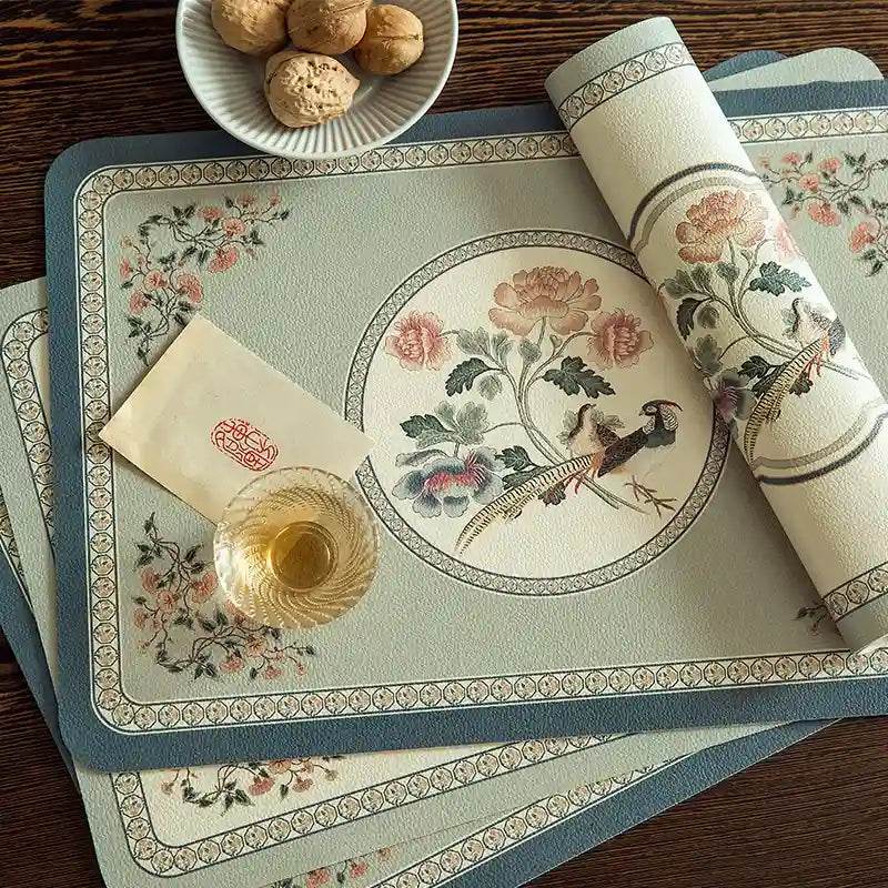 2-Piece Chinoiserie Spring Bird and Flower Pattern Washable Placemat - SinoCultural