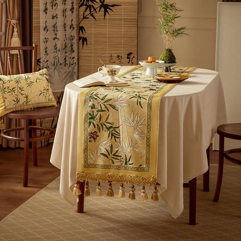 Chinoiserie Traditional Autumn Orchids Yellow Table Runner - SinoCultural