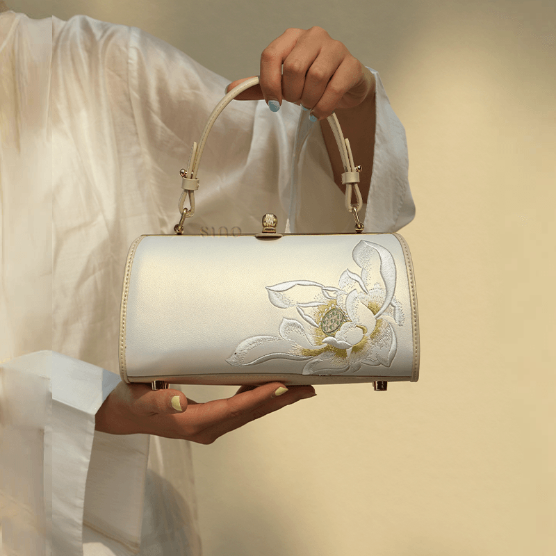 Embroidery Leather White Shoulder Bag Lotus Elegant Handbag - SinoCultural