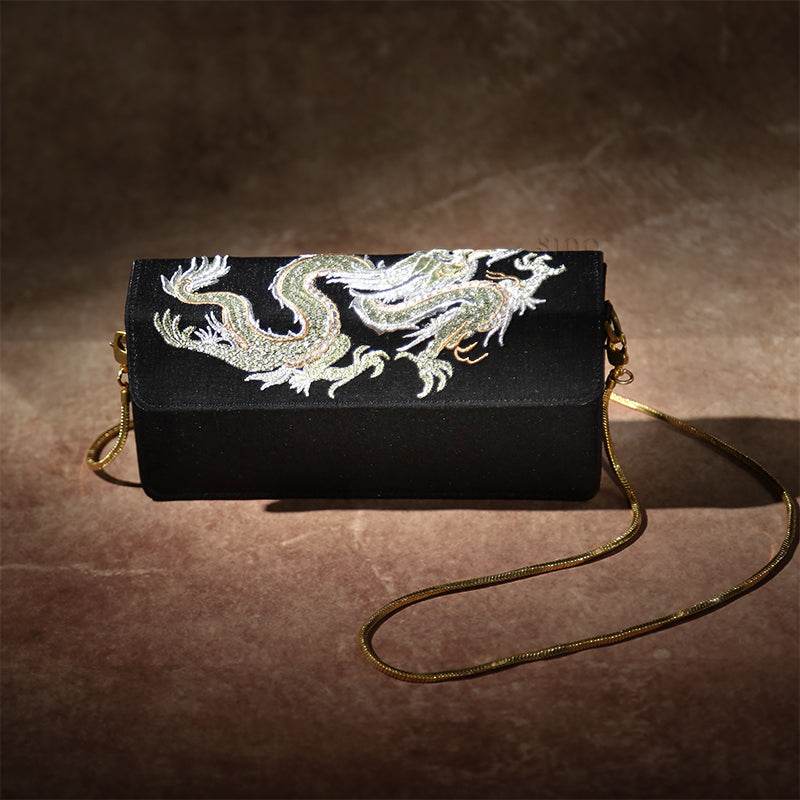Ultra-Light Loong Silk Embroidery Black Evening Bag Recycled Fabric 154g - SinoCultural -- GD1207 - 