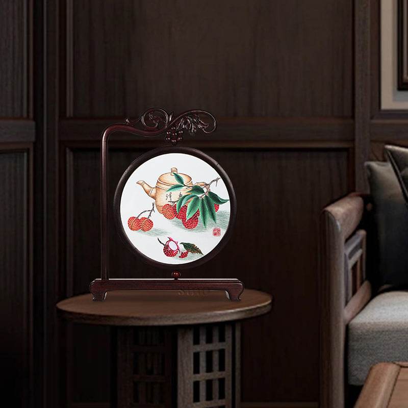 Handcrafted Mulberry Silk Lychee Double-Sided Embroidery Tabletop Deco