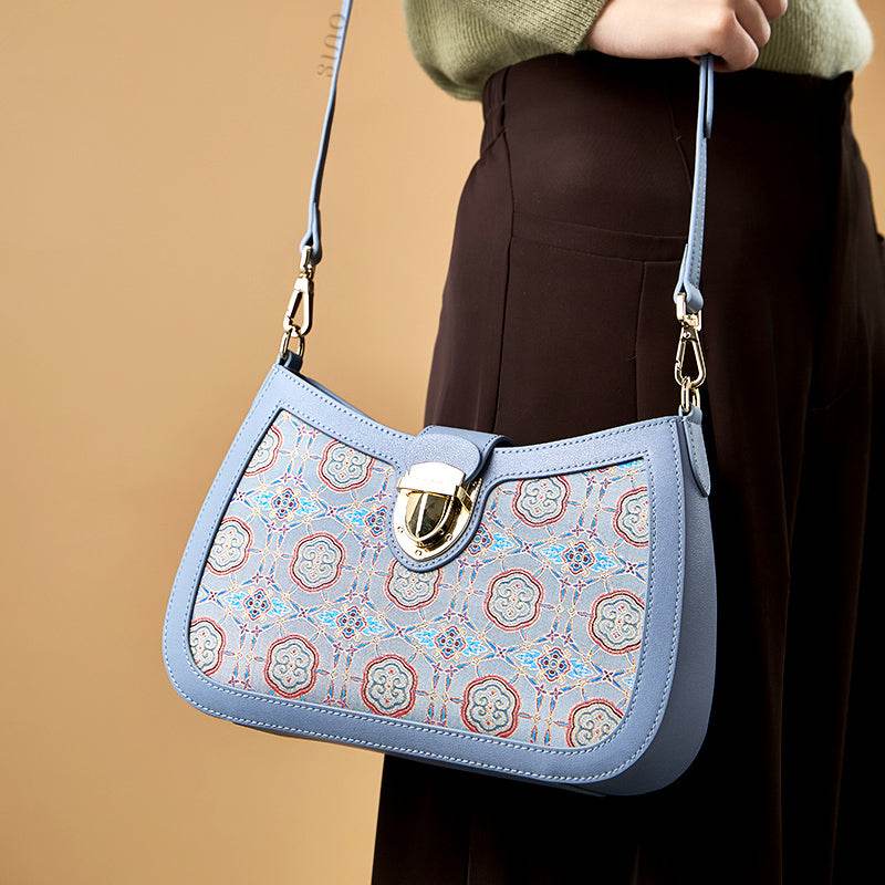 Song Brocade Leather Blue Shoulder Bag Ruyi Pattern - SinoCultural -- FJ270038-1 - 