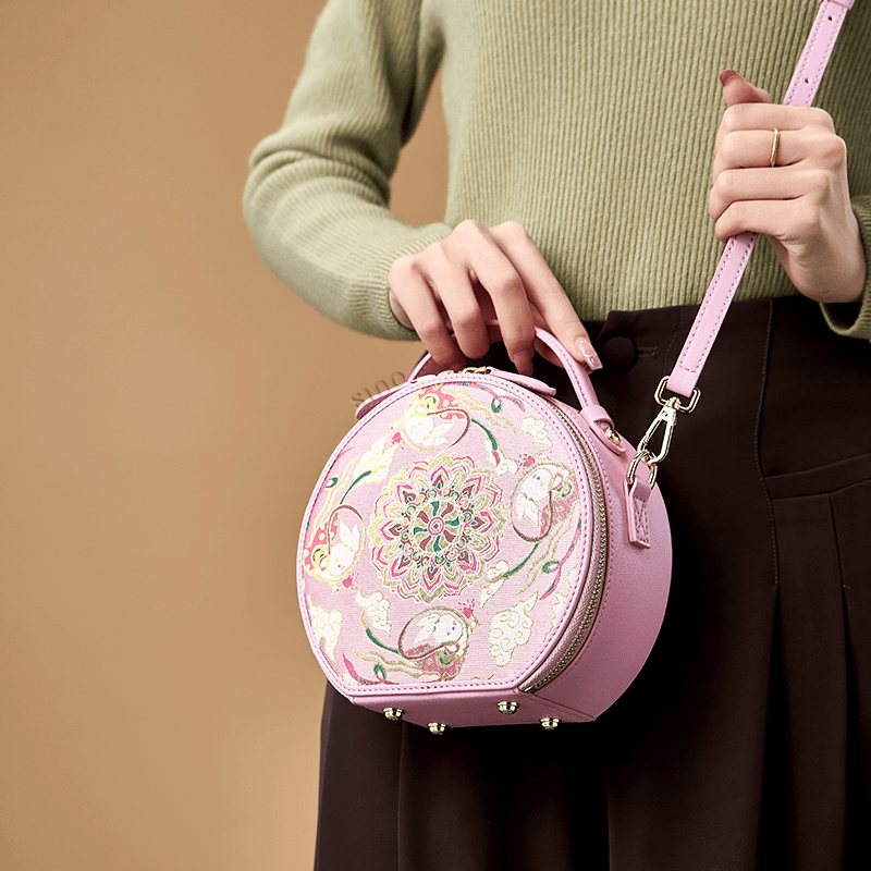 Song Brocade Powder Round Bag Lotus & Lucky Rabbit Pattern - SinoCultural -- P12065502LP-1 - 