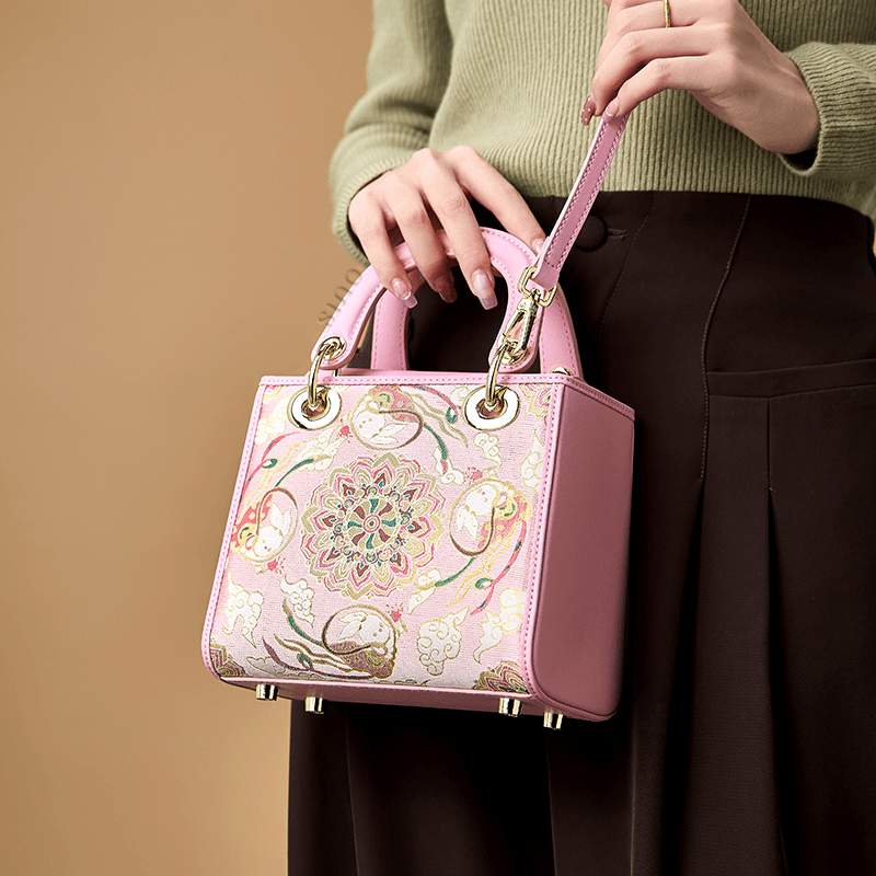 Song Brocade Powder Pink Crossbody Handbag Lotus & Lucky Rabbit Pattern - SinoCultural -- P12065302-1 - 