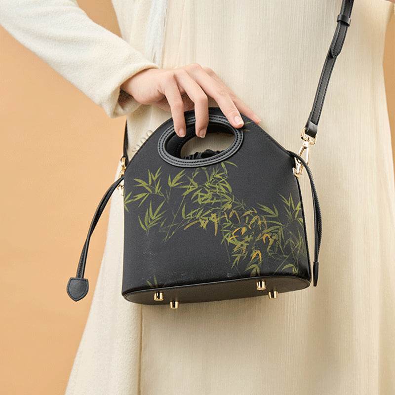 Xiangyunsha Silk Bamboo Black Drawstring Bucket Bag - SinoCultural -- YS120670-1 - 